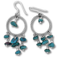 Silver hoop earrings with turquoise chip dangles
