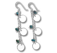 Silver dangle earrings with discs and teal beads