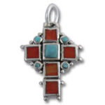 Silver cross pendant with red and turquoise stones