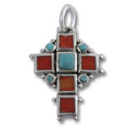 Silver cross pendant with red and turquoise stones