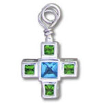 Silver cross pendant with blue and green gemstones