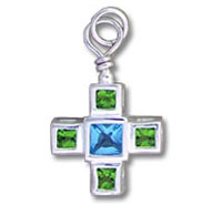 Silver cross pendant with blue and green gemstones
