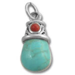 Turquoise teardrop pendant with red coral accent