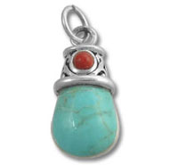 Turquoise teardrop pendant with red coral accent