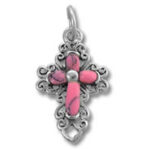 Silver filigree cross pendant with pink inlay
