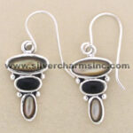 Silver dangle earrings with black and gray stones