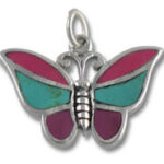 Silver butterfly charm with teal and magenta enamel