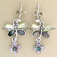 Silver floral dangle earrings with iridescent inlay