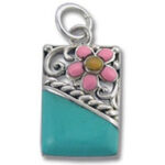 Silver rectangular turquoise pendant with pink flower
