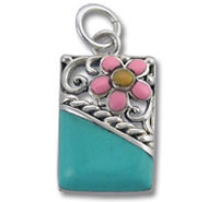Silver rectangular turquoise pendant with pink flower Silver rectangular turquoise pendant with pink flower