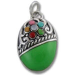Green oval silver pendant with multicolor stones