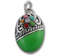 Green oval silver pendant with multicolor stones