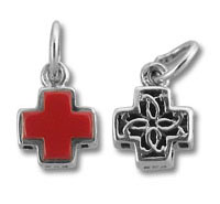 Red enamel cross charm with decorative back