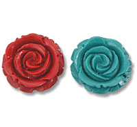 Pair of rose-shaped red and teal decorations