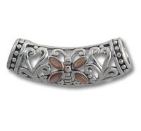 Ornate silver curved bead with rose-gold flower