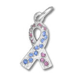 Silver ribbon pendant with blue and pink gems