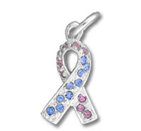 Silver ribbon pendant with blue and pink gems Silver ribbon pendant with blue and pink gems
