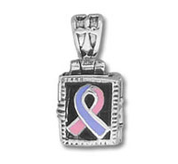 Silver pendant with pink and blue ribbon