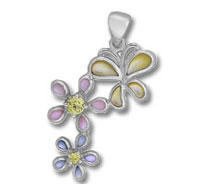 Silver three-flower pendant with colored gemstone petals