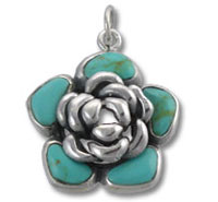 Silver rose pendant with turquoise petals