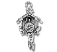 Silver cuckoo clock pendant with pinecone weights