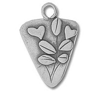 Triangular metal pendant with hearts and leaves