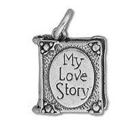 Silver book charm pendant reading My Love Story