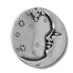 Silver coin with crescent moon face and stars