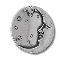 Silver coin with crescent moon face and stars