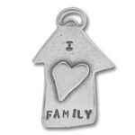 Silver house charm stamped "FAMILY" with heart