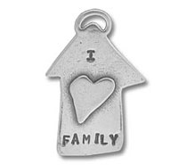 Silver house charm stamped "FAMILY" with heart