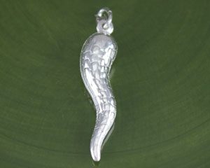 Textured silver horn pendant on green background
