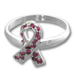 Silver ring with pink gemstone ribbon charm