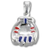 Silver baseball glove pendant with red blue accents
