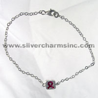 Silver chain bracelet with square pink ribbon charm
