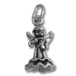Silver angel charm playing flute on cloud