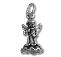 Silver angel charm playing flute on cloud