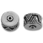 Two silver patterned round metal bead spacers