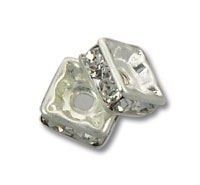 Pair of square silver rhinestone spacer beads