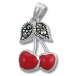 Silver cherry pendant with red enamel cherries
