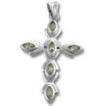 Silver cross pendant with green gemstones