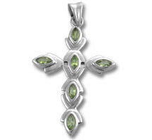 Silver cross pendant with green gemstones