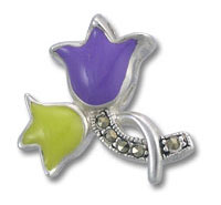 Silver tulip brooch with purple and green