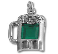 Silver beer mug pendant with green gem