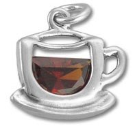 Silver coffee cup pendant with red gemstone
