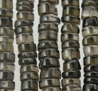 Strands of glossy dark gray disc beads