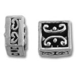 Rectangular silver beads with black enamel scrolls
