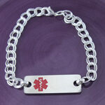 Silver medical ID bracelet with red emblem