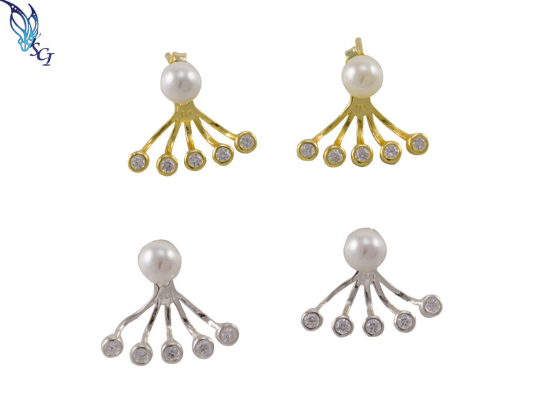 Glass Pearl CZ Jacket Earrings Glass Pearl CZ Jacket Earrings